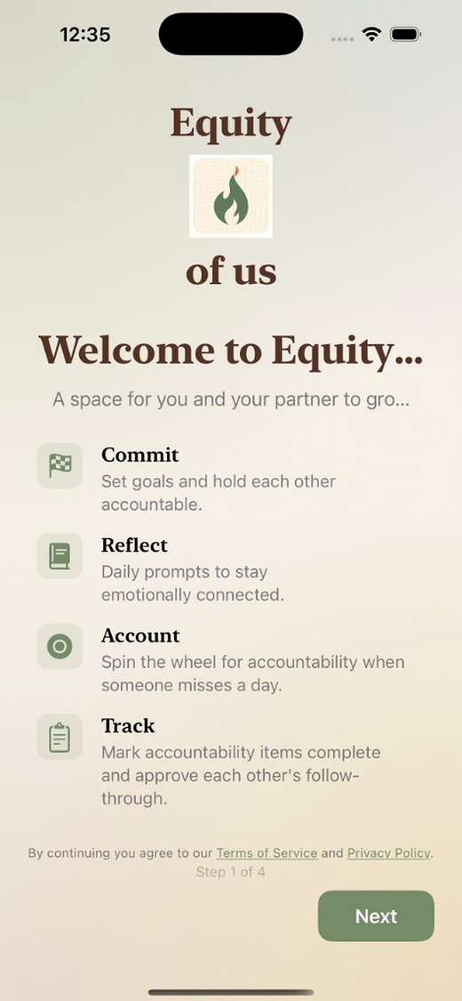 Equity of Us welcome screen showing Commit, Reflect, Account, and Track