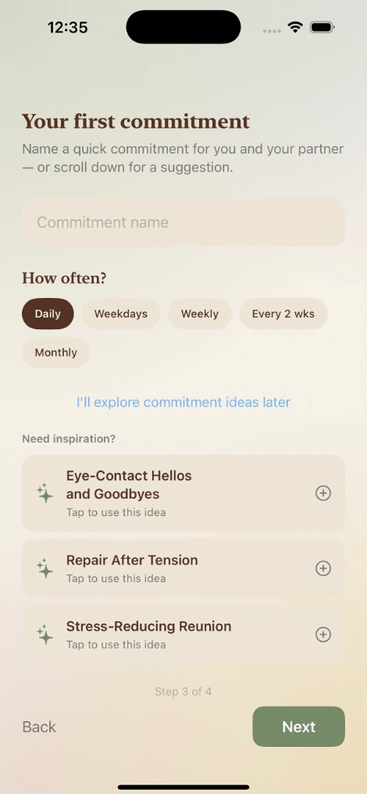 First commitment setup with suggestions